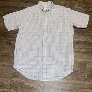 Brooks Brothers 100% Linen Shirt Mens M Blue Plaid The Original Polo Casual 346